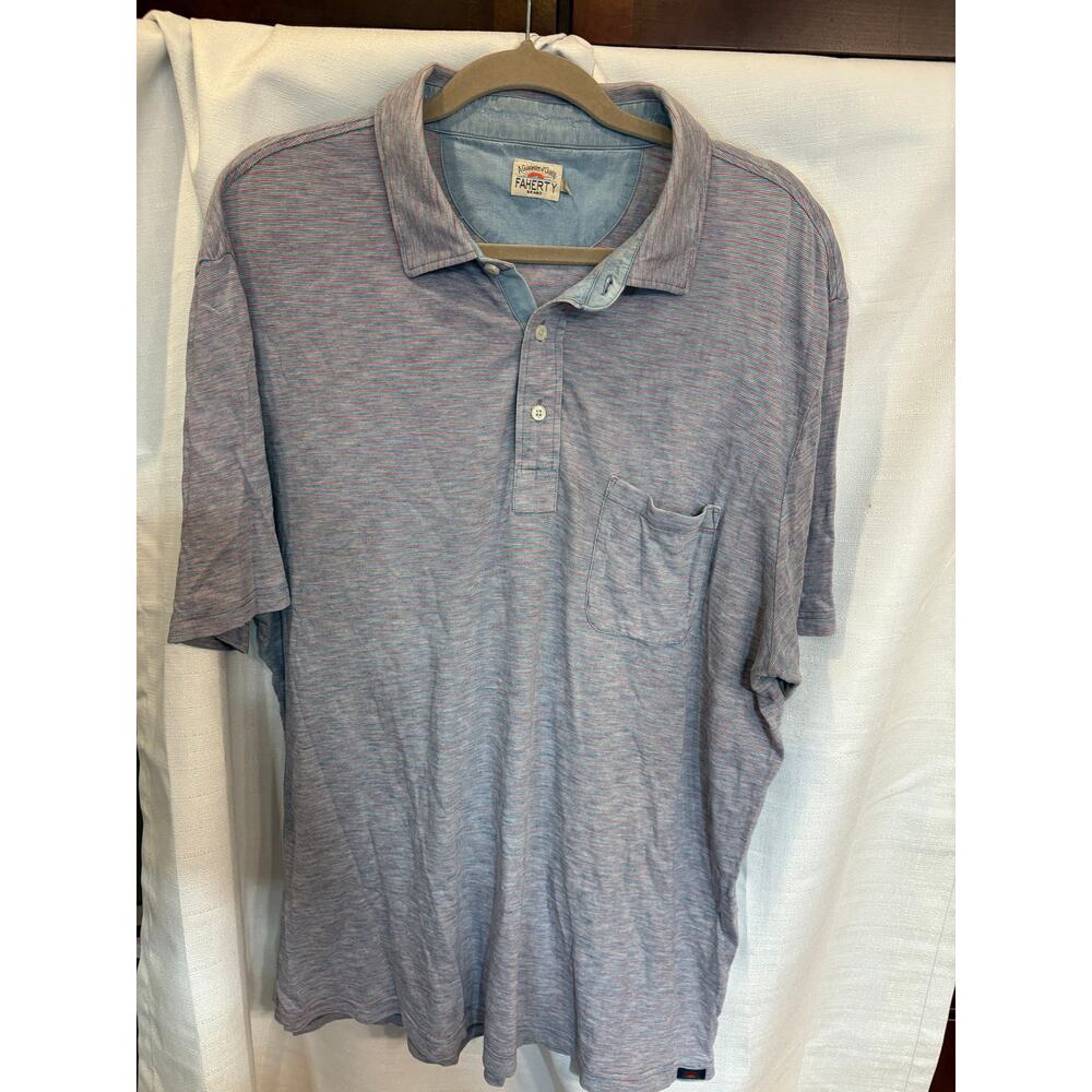Faherty Polo Shirt Mens Blue Pink Stripe Chest Pocket Size XL